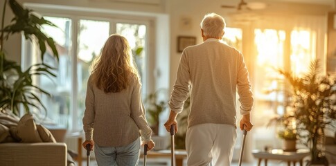 Naklejka premium A man and woman are walking through a living room, both holding suitcases