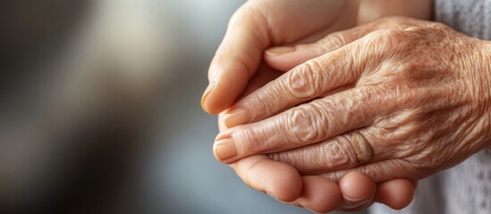 Close-up of an elderly person's hands with wrinkles and a gold ring, being held by a younger person's hand.