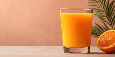 Fototapeta premium Fresh orange juice served in a glass with a sliced orange on a warm-toned background, perfect for a healthy breakfast or refreshment.