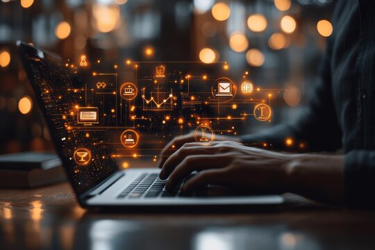 A person is typing on a laptop with a screen that has a lot of different icons