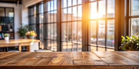Fototapeta premium Sunlit wooden table near large window panes.