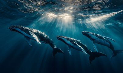 Fototapeta premium Humpback whales swim gracefully in the ocean, as sunlight filters through the seawater, creating a majestic scene. Wildlife, Generative ai