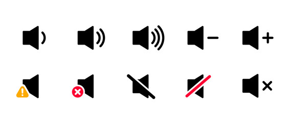A set of volume control icons in flat design style, representing various audio states such as increasing, decreasing, muted, and sound warnings.