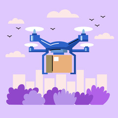 Drone Delivery Service Illustration with box, Urban Background and Modern Technology Concept