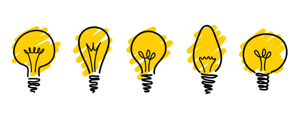 Light bulb doodle set, hand drawn lamp  icon. Concept idea. Vector illustration