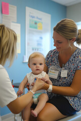 Nurse take care for a cute baby girl with thermometer in hand