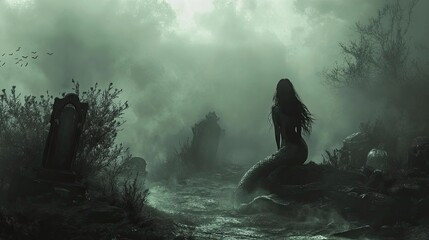 Obraz premium A mysterious figure emerges from a foggy landscape, blending beauty and darkness in an ethereal, haunting atmosphere.