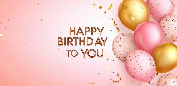 Happy birthday banner template design with golden balloons and confetti decoration on a pink background,