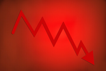 Bright Red Background with Down Arrow. Down fall concept. Inflation , crisis Concept.