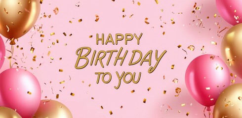 Happy birthday banner template design with golden balloons and confetti decoration on a pink background,