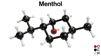 3D Illustration of Menthol Chemical Structure on White Background: Molecular Model of Menthol, Detailed Atomic Bonding, and Geometry Visualization