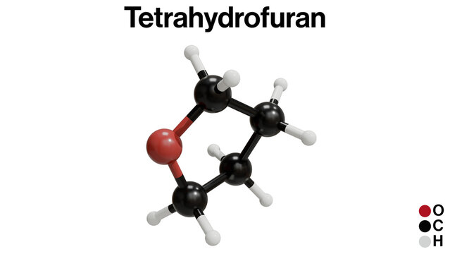3D Illustration of Chemical Structure of Tetrahydrofuran (THF) on a White Background: A Detailed Representation of the Heterocyclic Ether Molecule
