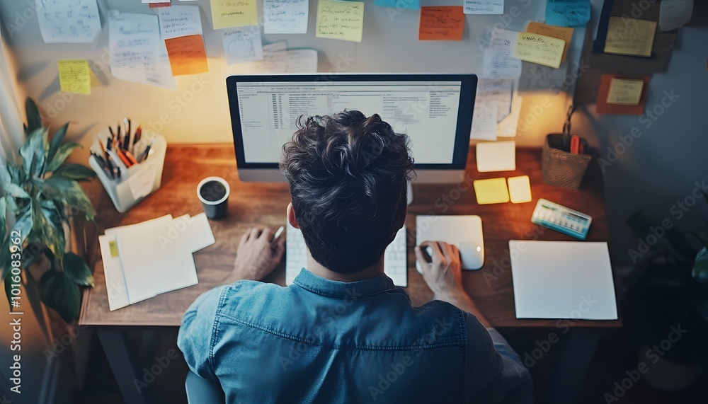 Poster man working at a desk with a computer and post-it notes