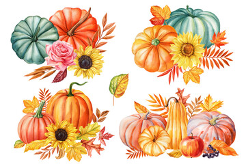 Set pumpkins, leaves, flowers isolated background, watercolor painting fall illustration, holiday decorations clip art