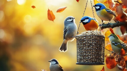 Five colorful birds gather around a bird feeder hanging from a branch, with falling autumn leaves in the background.