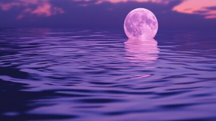 A detailed shot of a purple moon reflected on a still lake, with ripples and reflections creating a serene atmosphere.