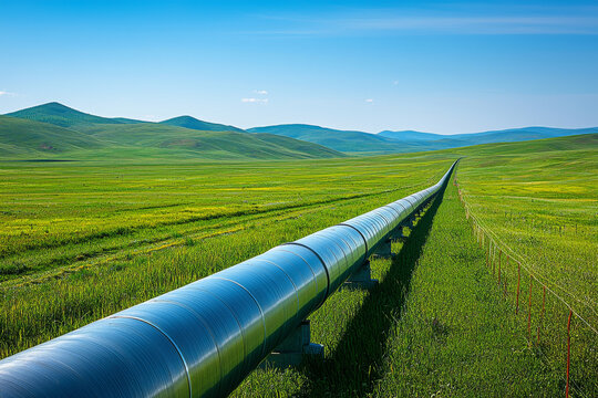 A long pipeline stretches through a vast green landscape, highlighting infrastructure in a natural setting.
