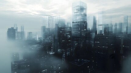 A misty urban skyline with towering glass buildings and fog.
