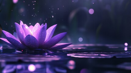 Serene light purple lotus floating on sparkling water with ethereal light effects, creating a dreamy purple wallpaper ideal for tranquil backgrounds and relaxing ambiance in digital designs.
