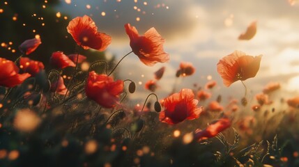 Obraz premium A detailed shot of a red poppy field swaying in the wind, with vibrant petals and intricate details illuminated by sunlight.