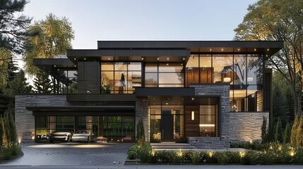 Fototapeta premium Modern Black and Stone House with Garage and Driveway