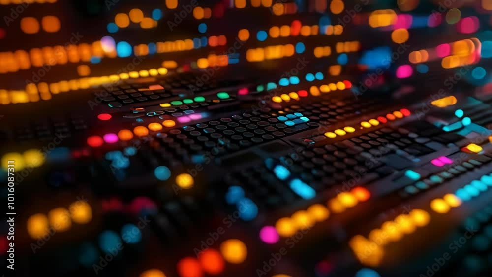 Poster innovative iot software development with colorful led circuit board visualization in modern tech env
