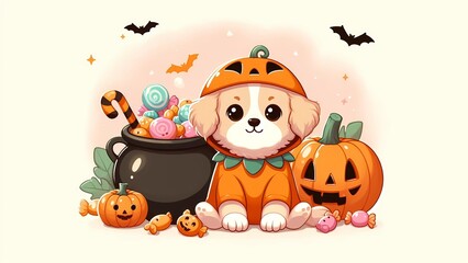 Fototapeta premium Adorable Puppy in Pumpkin Costume with Halloween Candy and Jack-o'-Lantern