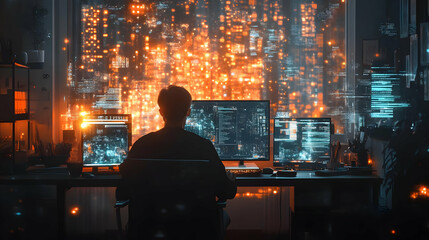 Night City View From Computer Desk Illustration