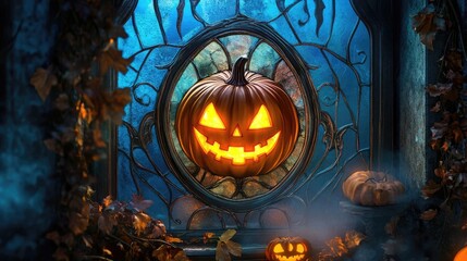 A spooky Halloween scene featuring a carved pumpkin glowing in a window, surrounded by autumn leaves and a misty atmosphere.