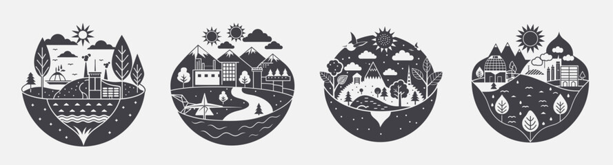 ecology design themed template collection, balance human activity nature, global change warming protection pollution climate