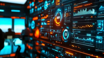 Interactive Project Dashboards Displaying Key Performance Indicators (KPIs) and Metrics with Futuristic Design in Modern Business Setting