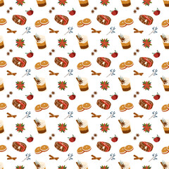 Christmas seamless pattern with cute winter cozy elements, holly berries, Christmas red flowers, branches, decoration. Cartoon vector illustration for Christmas gift wrapping paper, wallpaper, textile