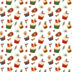 Christmas seamless pattern with cute winter cozy elements, holly berries, Christmas red flowers, branches, decoration. Cartoon vector illustration for Christmas gift wrapping paper, wallpaper, textile