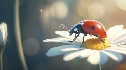 Obraz premium A macro shot of a red ladybug on a white daisy, capturing intricate details of the insects shiny shell and tiny legs.