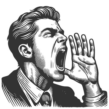 recommend clip art: Businessman in suit shouting with his hand to his mouth, urgency or announcement sketch engraving generative ai fictional character raster illustration. Scratch board imitation. Black and white image.