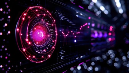 Obraz premium Abstract digital technology background with vibrant neon lights and circular patterns.