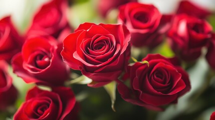 Obraz premium A macro shot of a red rose bouquet, capturing intricate textures and soft details of the petals in warm light