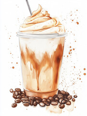 Watercolor Dalgona coffee, isolated on white background, Summer Drink