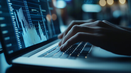 Analyzing Complex Financial Data on Laptop Screen in Dark Setting