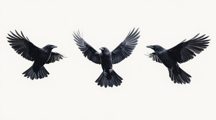 Fototapeta premium Three black crows in flight with wings spread against a white background.
