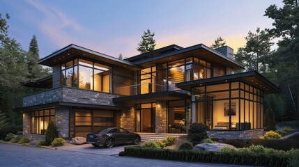 Modern House with Stone Facade and Large Windows at Dusk