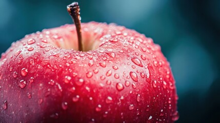 A macro shot of a ripe red apple with water droplets, showcasing the fruit's smooth texture and natural shine.