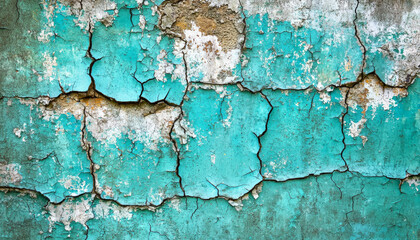Obraz premium A close-up of a weathered wall with turquoise paint peeling and cracking, showcasing texture and decay.