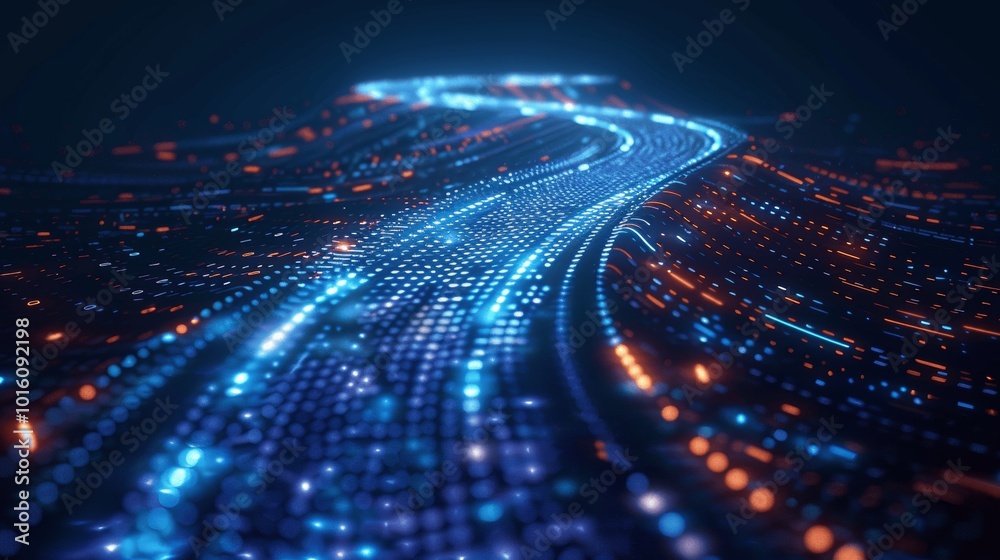 Poster futuristic digital road with glowing binary code in blue abstract technology wallpaper