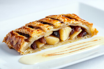 A slice of pastry filled with apples and raisins, served with a drizzle of cream.