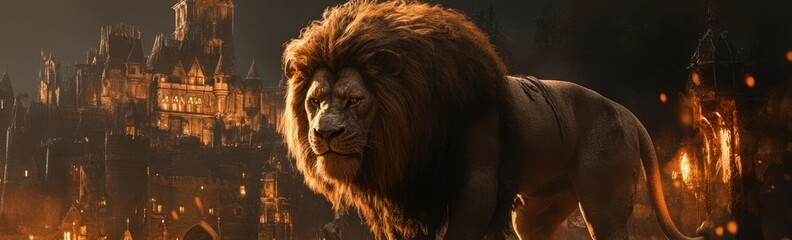 A majestic lion stands confidently, surrounded by a mesmerizing ancient cityscape illuminated by warm fiery tones.