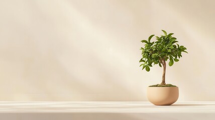 A serene image of a small bonsai tree placed on a minimalist desk