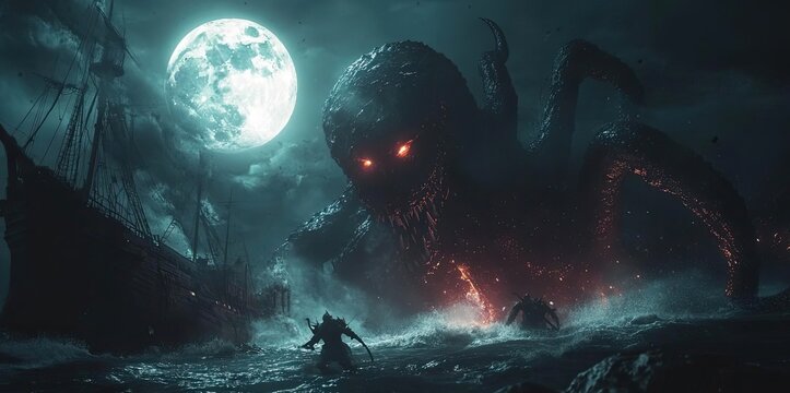 A terrifying sea monster emerges from dark waters under a full moon, casting a shadow over a ship during a stormy night.
