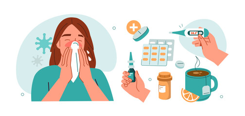 Woman suffer from flu, cold, grippe and has couch, runny nose, fever and other influenza symptoms. Disease prevention and treatment. Vector illustration.
