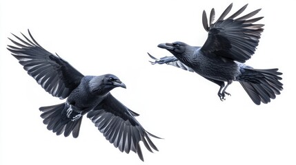 Naklejka premium Two black crows in flight against a white background.